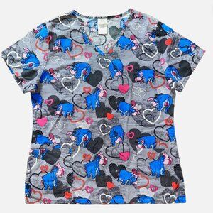 Disney Eeyore Piglet Love Heart Gray Medium Scrub Top Shirt Nurse Vet Tech